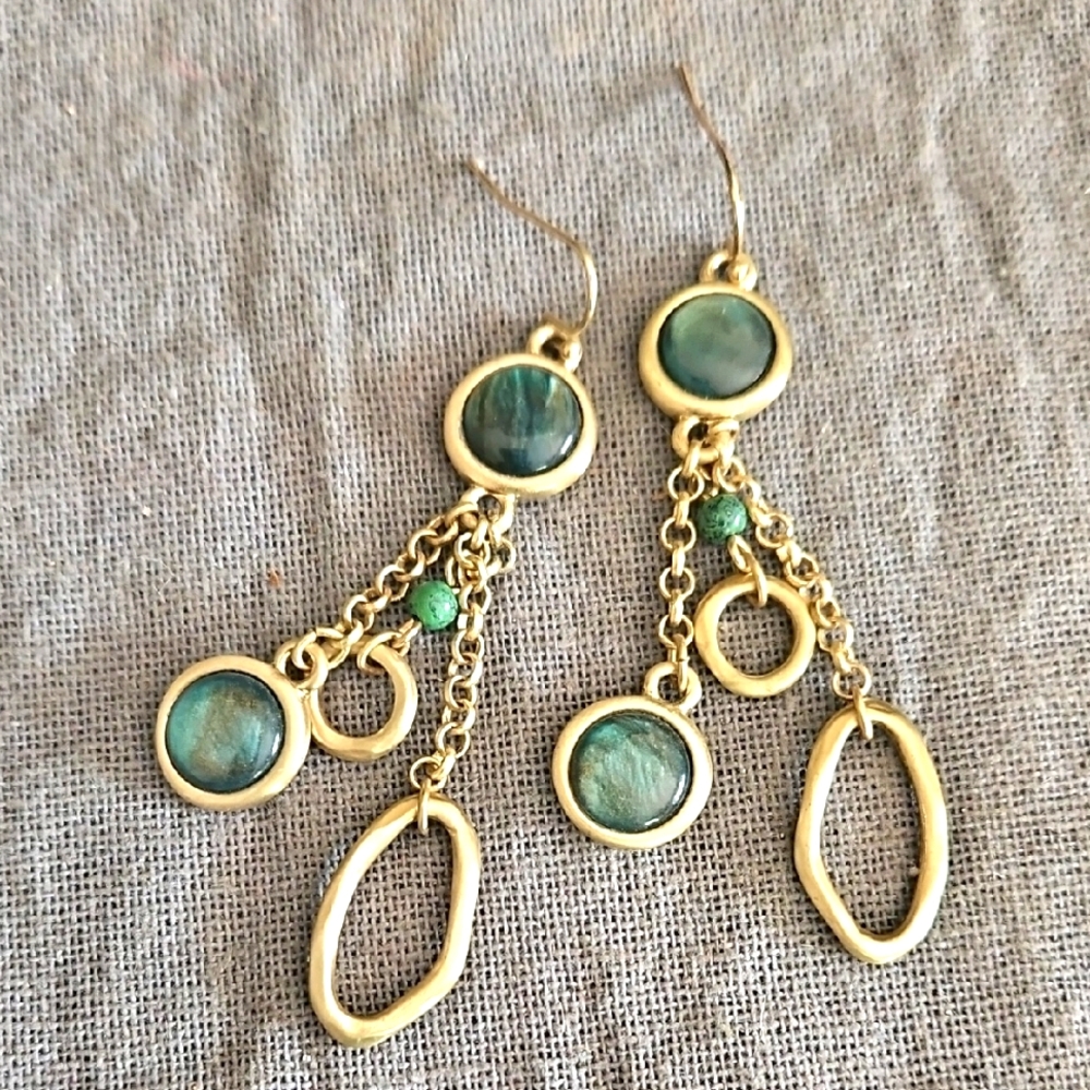 Kenneth Cole Matte Gold and Green Abalonr Shell Dangle Earrings